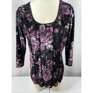 Dress Barn Black Floral Velvet Burnout Festival Dark Fairy Whimsigoth Top Size L